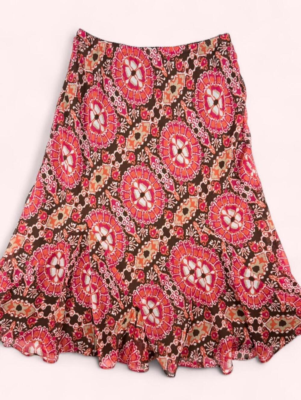 East 5th Brown & pink floral midi skirt with elastic waistband and ruffle hem